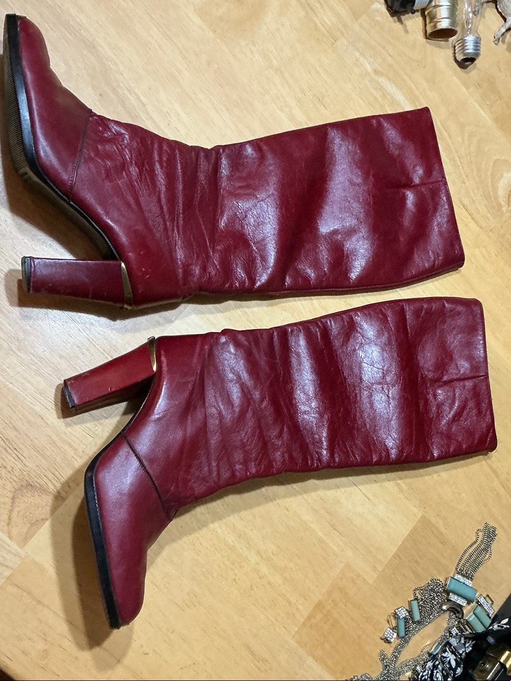 Etienne Aigner Burgundy Leather Mid-Calf Block Heel Boots